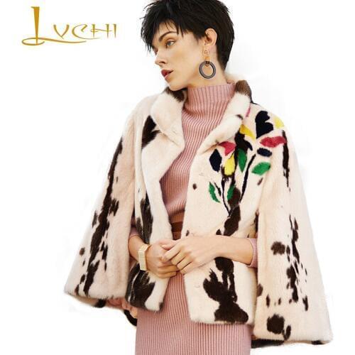 LVCHI Women Winter Real Fur Coat 2019 Print Flower Milk Color Mink Coat Female Thick Natural Fur Causal Loss Cloak Women Coat