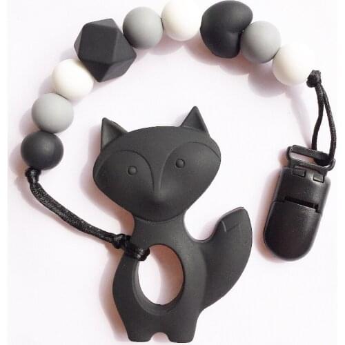 Bpa Silicone baby Teething pendant clips silicone Teething Pacifier Clip with fox pendant heart chew beads