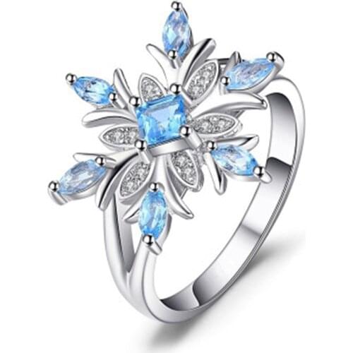 Snowflake Blue Accessories RIng Silver Color Thin Band Crystal Setting For Woman Winter Finger Embellish Best Friend Gifts