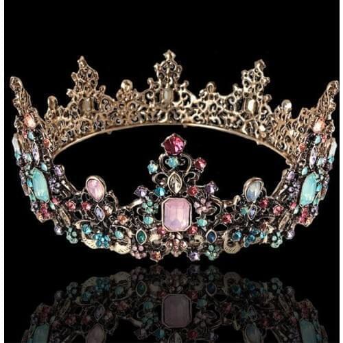 Gorgeous Colorful Circle Royal Queen King Tiaras and Crowns Pageant Prom Bridal Diadem Wedding Hair Jewelry Head Accessories