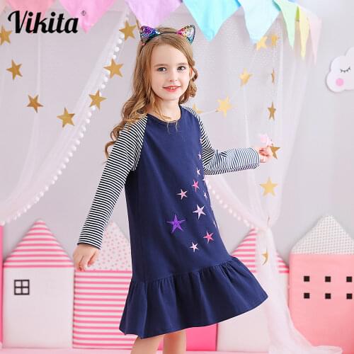VIKITA Girls Cotton Dress Girls Star Embroidery Dresses Children Vestidos Kids Autumn Dress for 3-12 Years Children Clothing