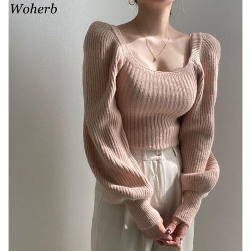 Woherb Sweaters Women Autumn Winter 2021 Korean Fashion New Pullovers Vintage Square Collar Long Puff Sleeve Knitted Jumpers