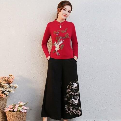 Chinese Style Clothing Women Cheongsam Top Pant Suit Embroidery Formal Vintage Chinese Style Elegant 2 Piece Sets Pantsuit T1945