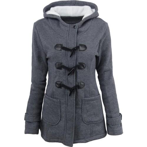 Plus Size Womens Coat Autumn Thick Winter Overcoat Lady Long Hooded Coat Outwear Cotton Blended Horn Button Jacket