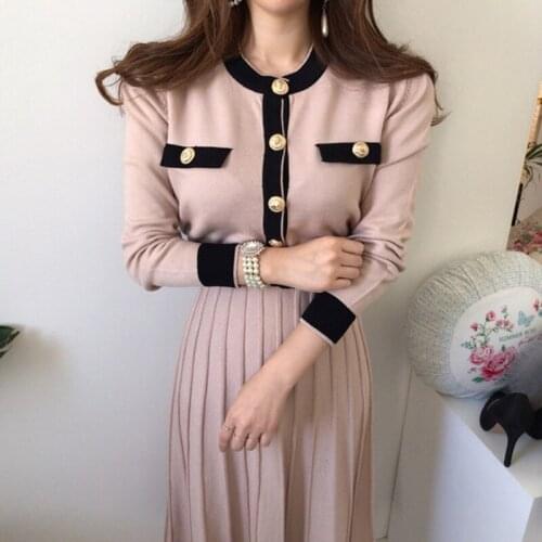 2021 Spring Knitted Women Pleated Long Dress Women Long Sleeve Single-Breasted A-Line Dresses Elegant Ladies Vestidos