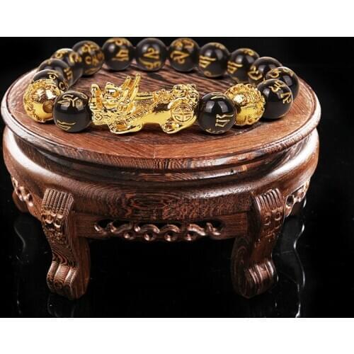 1pc Feng Shui 10-12mm Black Beads Alloy Wealth Bracelet Bangles With Golden Pixiu Charm bracelet Gifts for Men Women