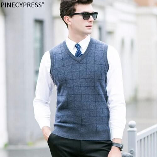 100% Wool Men Sleeveless Sweater V-neck Solid Color Grey Black Blue Purple 2018 Autumn Winter Pullover Knitted Woolen Man Vest