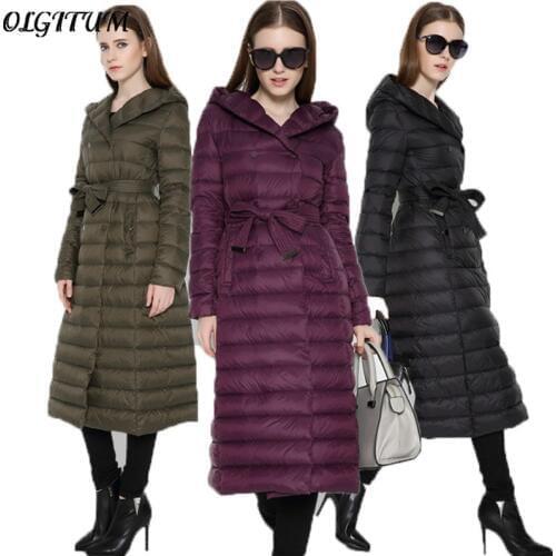 2019 fashion winter women long duck down warm jacket high quality hooded with belt parka women winter warm outerwear coat