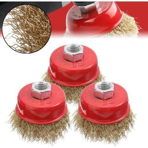 3pcs Brass Coated Wire Cup Brushes Rotary Steel Wire Crimp Wheel Angle Grinder M14 65mm For Cleaning Tools Accessories