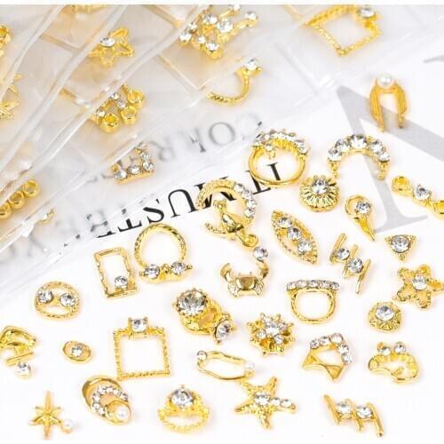 6 grids/pack Multi-size Gold Hollow 3D Nail Art Decorations Mix Metal Frame Nail Rivets Shiny Charm Manicure Accessories Studs