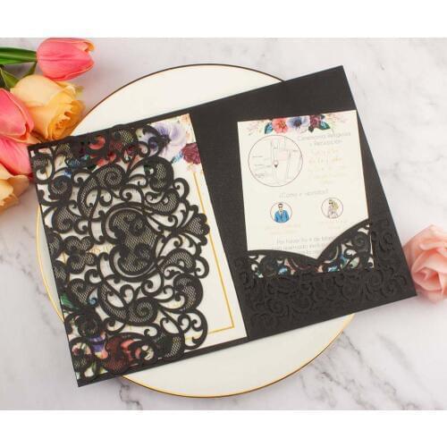 Free Drop Shipping Sample 1pcs black Laser Cut tri-fold Wedding Invitation Cards Kit Personalized Pocket Invite Customized RSVP