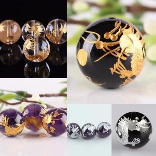 TUMBEELLUWA 14mm Natural Crystal Round Ball Carved Gold Silver Color Dragon Loose Beads Jewelry Accessory