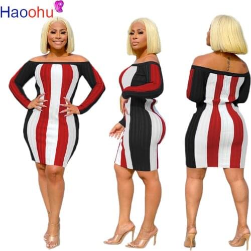 HAOOHU Autumn Active Wear Striped Print Long Sleeve Women Knitted Sports Bodycon Pencil short mini Dress Vestidos