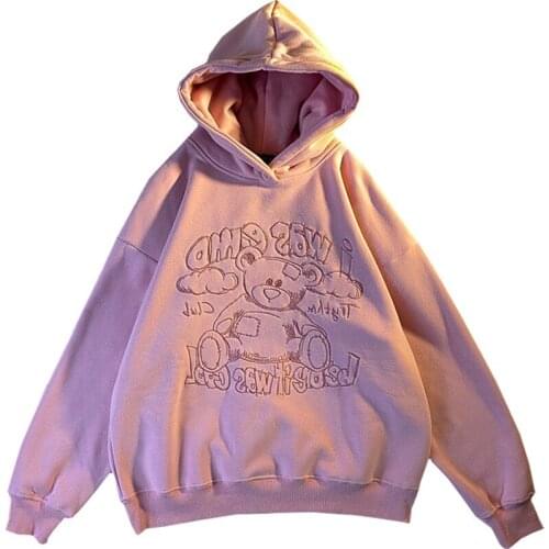Korean Fashion Loose Collegewinter Women Hoodies Embroidery Cartoons Clouds Be Injured Small Bear Sweatshirt Apricot Pullover