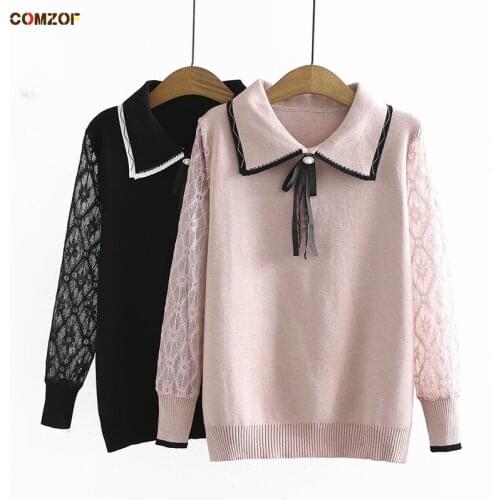 Korean Loose Women Pullover Sweaters Long Sleeve Lace Patchwork Tops Clothing Autumn Knitwear Peter Pan Collar Plus Size 4XL