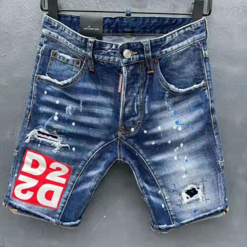 Summer New Style D2 Denim Shorts Mens Fashion Hole Patch Patching Paint Slim Five-Point Jeans