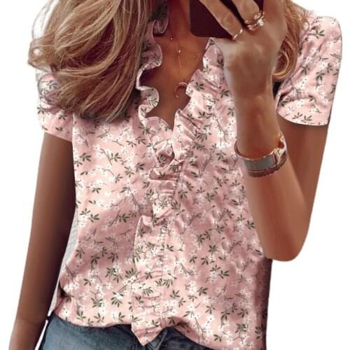 Summer Ladies Temperament Flouncing Short Sleeve Girls Sweet Style Ruffles V Neck Printing T Shirt Clothing