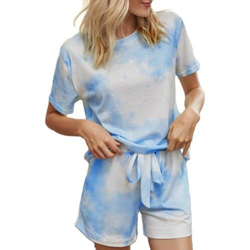 Dropship Summer Women Female Printed Tie-Dye Pajamas Gradient Color Sleepwear Clothes Home Service 2PCS Set RTFGH1