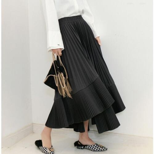 Fashion Irregular Long Skirt Women Autumn High Waist Ruffle Pleated Skirts Laides Black Streetwear Elegant Spring Jupe Femme