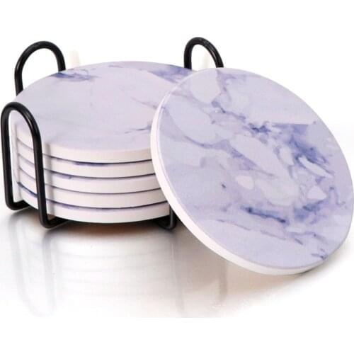 6pcs Absorbent Ceramic Stone Coaster Set with Metal Holder Stand Marble Surface Pattern Cups Place Mats Coasters for Drinks