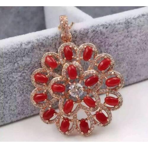 Natural precious coral Hydrangea round Pendant natural red garnet pendant necklace S925 silver women girl party fine jewelery