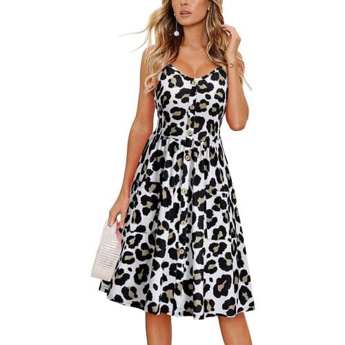 New 2021 Women Summer Sleeveless Dresses Autumn Adults Flower/Leopard Print V-neck Cross Spaghetti Strap Dresses with Pockets
