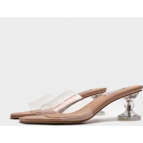 Summer New Ladies Fashion Transparent Crystal Casual Sandals Square Head Open Toe Delicate Thick Heel Womens Shoes High Heels