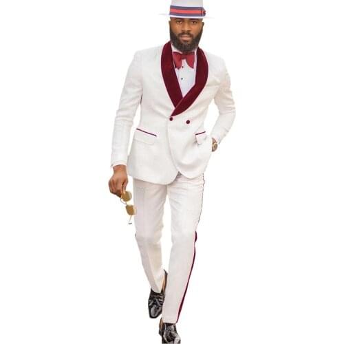 Groomsmen White Pattern Groom Tuxedos Shawl Dark Red Velvet Lapel Men Suits 2 Pieces Wedding ( Jacket + Pants + Tie ) D210