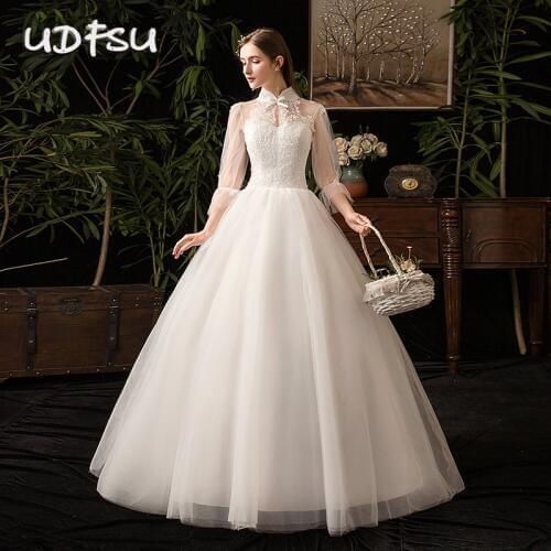 UDFSU Women Stand Collar White Lace Flower Wedding Dresses Boat Neck Backless Ball Gowns Vintage Tulle Lace Up Gown