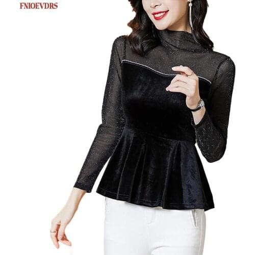 Women Winter Spring Basic Wear French Style Elegant Office Lady Patchwork Sheer Mesh Peplum Tops And Blouses