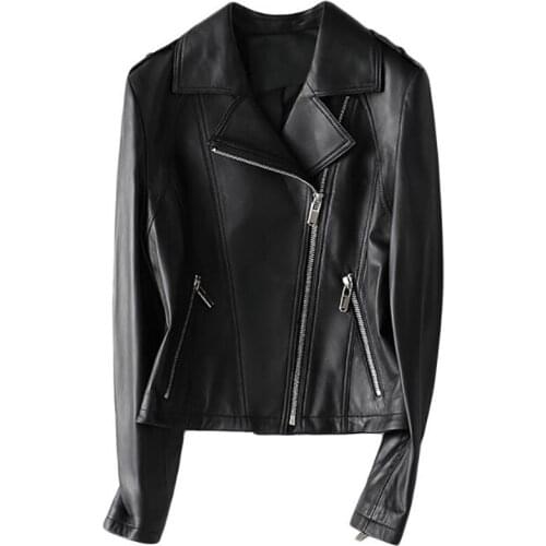 Womens Natural Lambskin Leather Biker Black Jacket Short Lady Real Leather Coat, 100% Genuine Sheepskin Spring and Autumn Coats
