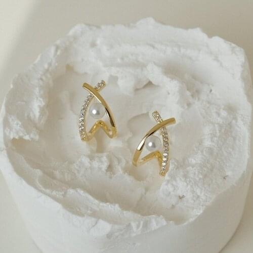 Morivovog 925 Sterling Silveing Zirconia Pearl Cross Stud Earrings for Women X Shape Luxury Creative Earrings Aesthetics Jewelry