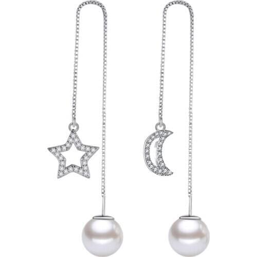100% 925 sterling silver pearl shiny crystal long drop earrings for women jewelry wedding gift wholesale drop shipping