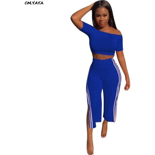 2019 new women off shoulder short tee top high side split ankle length pants suit casual 2pcs set tracksuit summer outfit LM9061