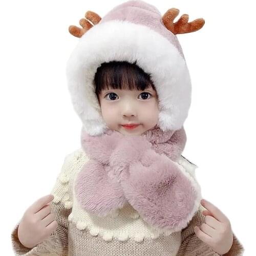 Winter Polyester Male & Female Baby Hat Scarf Set Fashion Thick Warmth Plush Scarf Antlers Windproof Earmuffs Cap Two-Piece Suit