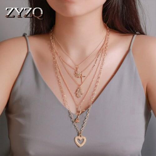 ZYZQ Bohemia Women Accessories Layered Necklace With Romantic Rose Flower Heart Cross Pendant Golden Color Vintage Necklace