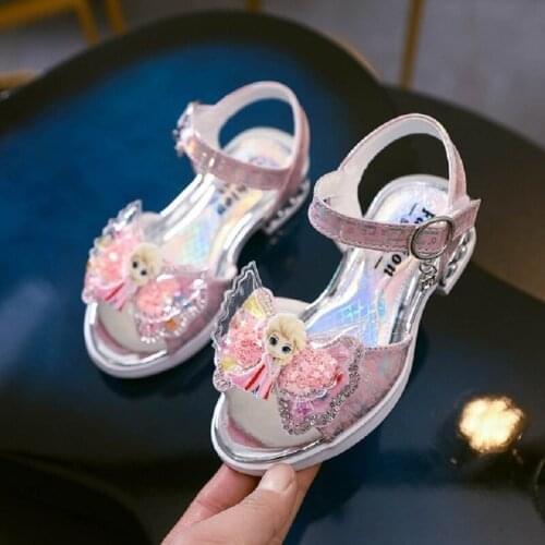 2021 New Disney Girls Sandals Frozen Elsa Princess Shoes Girls Crystal Shoes Children High Heels Catwalk Show Shoes