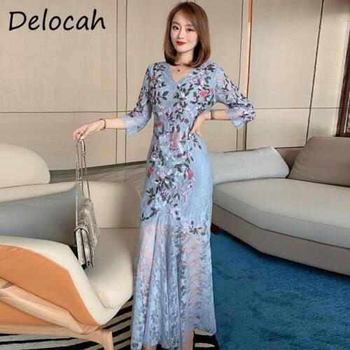 Delocah New 2021 Summer Women Fashion Designer Mermaid Dress Long Sleeve High Waist Embroidery Elegant Ladies Slim Long Dresses