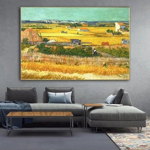 Canvas Painting Harvest At La Crau By Van Gogh Landscape Posters Wall Art Picture Reproductions for Living Room Decor Cuadros