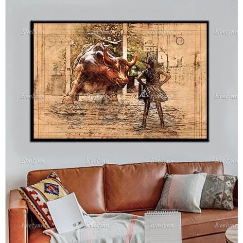 Fearless Girl Canvas,Charging Bull Canvas Art,Wall Street Bull Print,NY Bull Sculpture Art,Canvas Wall Art, Abstract Art Poster