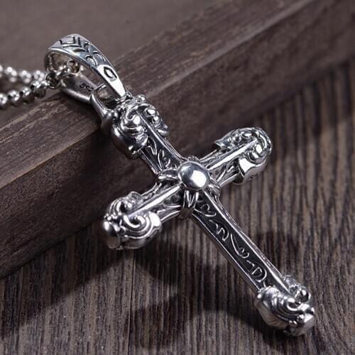 New real S925 pure silver jewelry retro Thai silver solid 925 silver man pendant simple printed pattern cross pendant for man