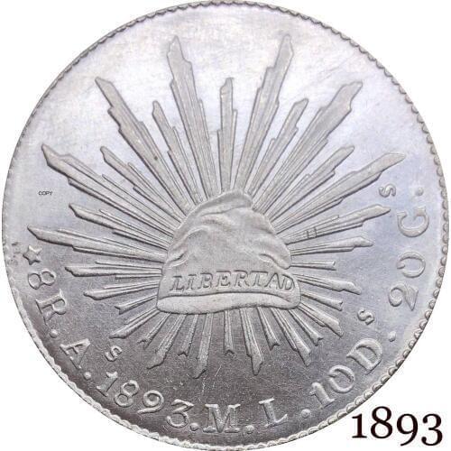 Mexico Republic Mexicana 1893 M L 8 Reales Libertad Eagle With Snake On Cactus Radiant Cap With Rays Silver Plated Copy Coins