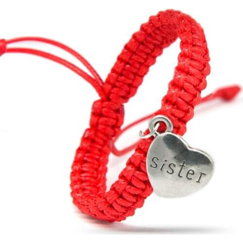 Cute Delicate Black White Red Charm Bracelets for Brother Sister with Silver Words Heart Rope Chain Adjust Size Jewelry Gifts