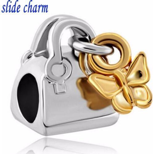 Slide charm Free shipping Valentines Day gift fashion gold butterfly bag lady exquisite charm beads fit Pandora bracelet