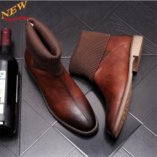 Fashion Punk Knitted Martin Shoes Slip-On Hip Hop High Tops Leather Ankle Boots Zapatillas Hombre