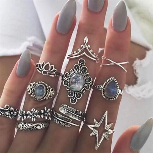 Bohemia Antique Silver Lotus Crown Flower Carved Rings Sets RhinehStone Knuckle Rings for Women Jewelry 1912