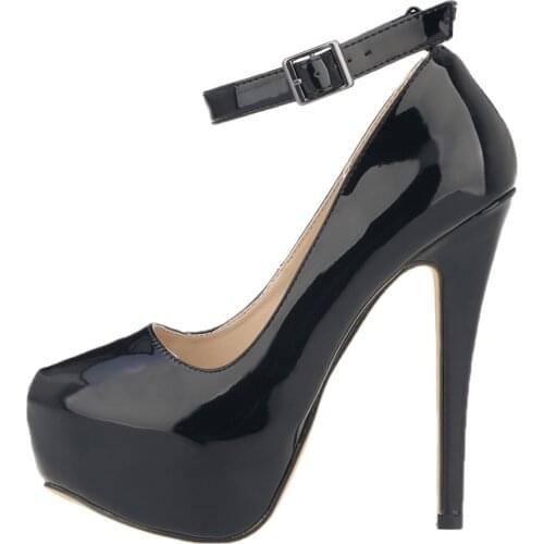 New Women Pumps 14cm Sexy Concise Buckle Supper High Heels Fashion Ankle Strap Patent Leather Red Wedding Shoes Plus Size