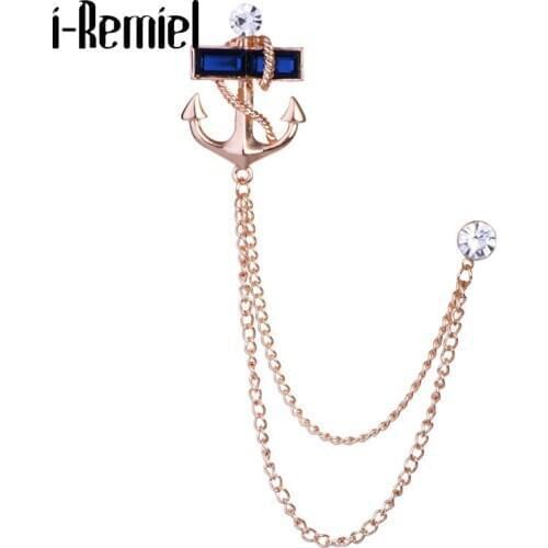Korean New Fashion Crystal Anchor Broocho Pin Metal Tassel Chain Lapel Pins Badge Collar Brooch for Men Jewelry Accessories