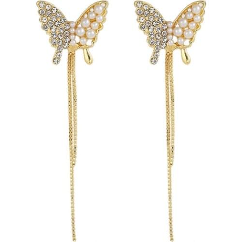 New Jewelry Imitation Pearl Butterfly Long Tassel Temperament Earrings Female Brincos Kolczyki