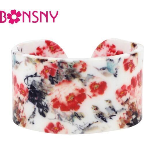 Bonsny Plastic Floral Flower Bird Chinese Vintage Bangles Bracelets Fashion Ethnic Retro Jewelry For Women Girl Ladies Gift Bulk